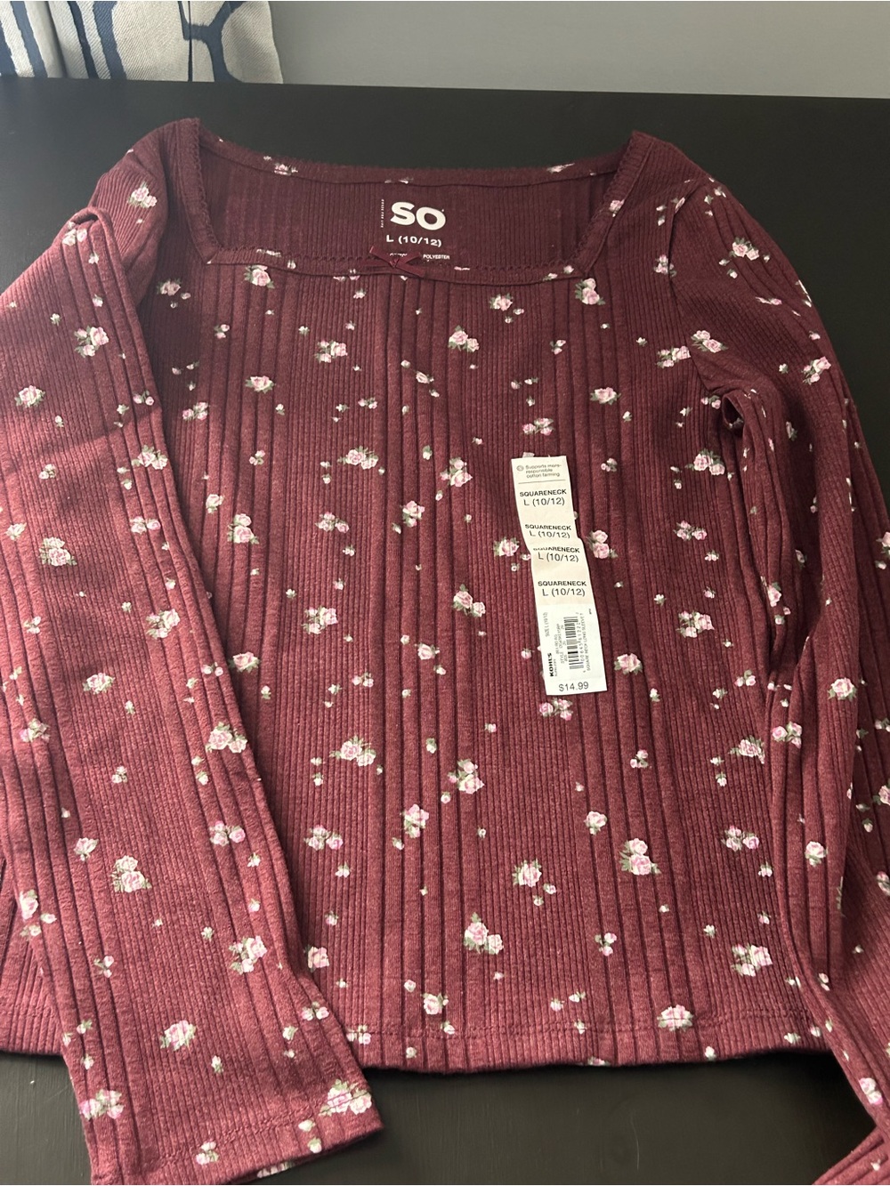 NWT SO Girls Floral Ribbed Long Sleeve Top | Size L (10/12) | Square Neck|Kohl’s
